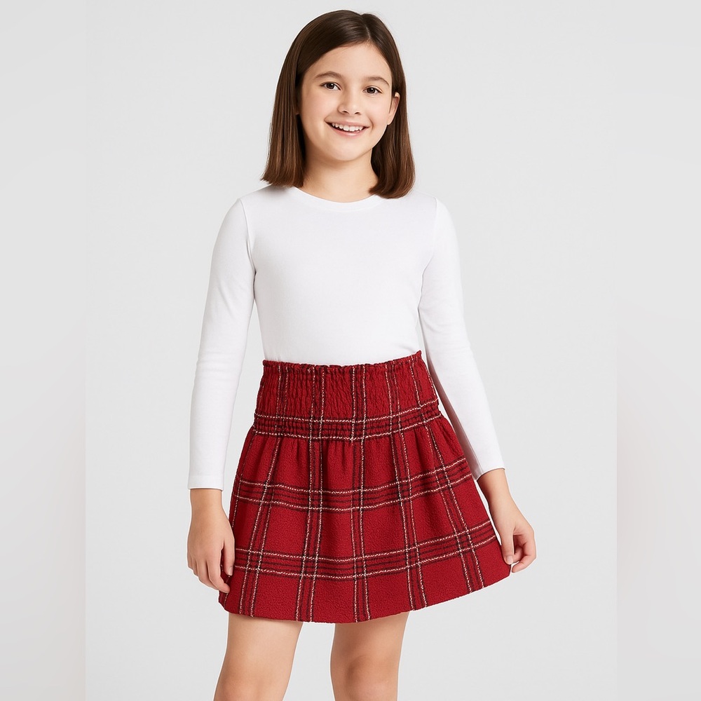 GB Girls Red Plaid Smocked Waist Skirt, Size L (12/14), NWT